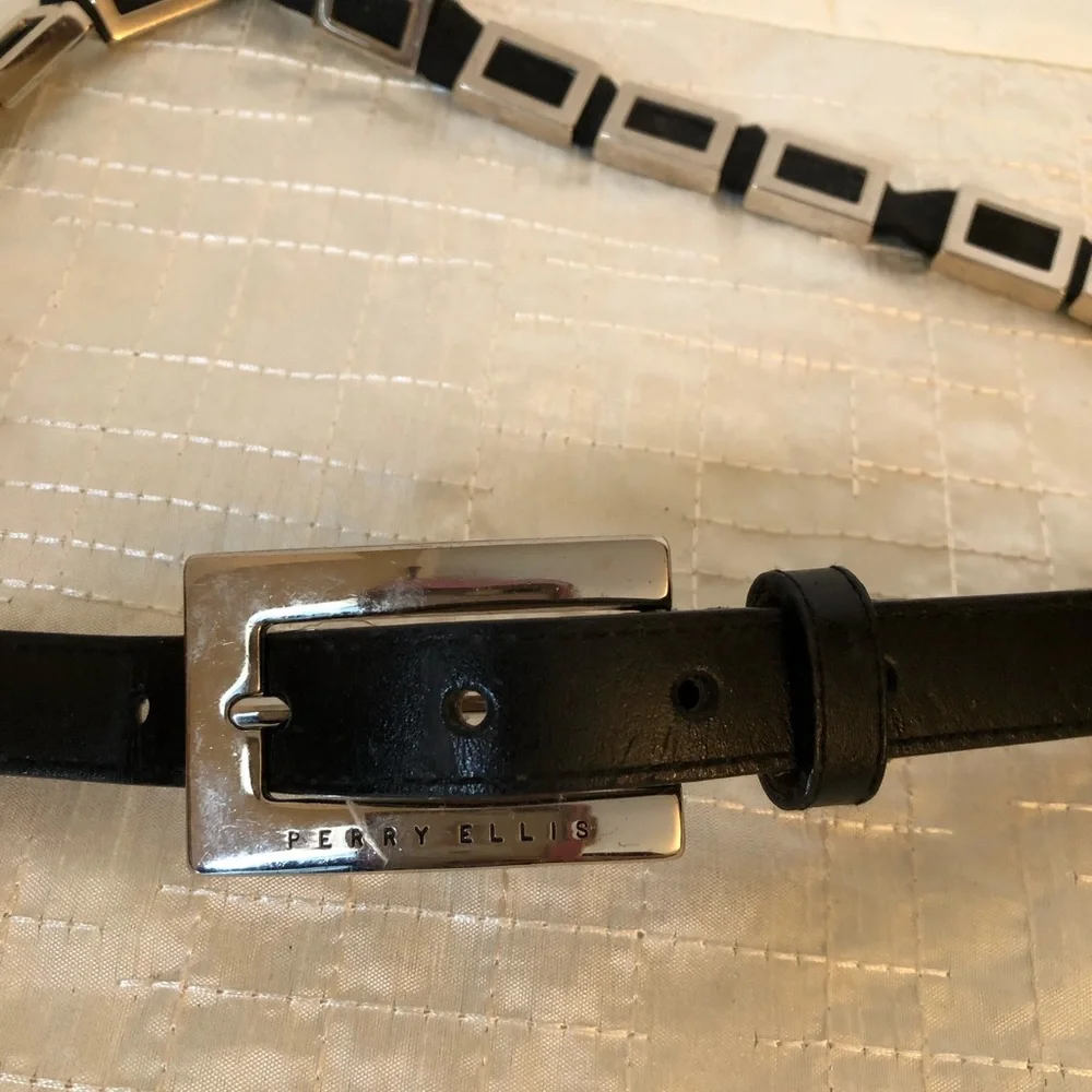 Perry Ellis Black Leather Belt with Silver Buckle